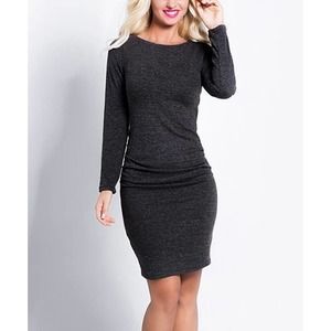 Ruched Bodycon Dress with Deep Back- Charcoal- S
